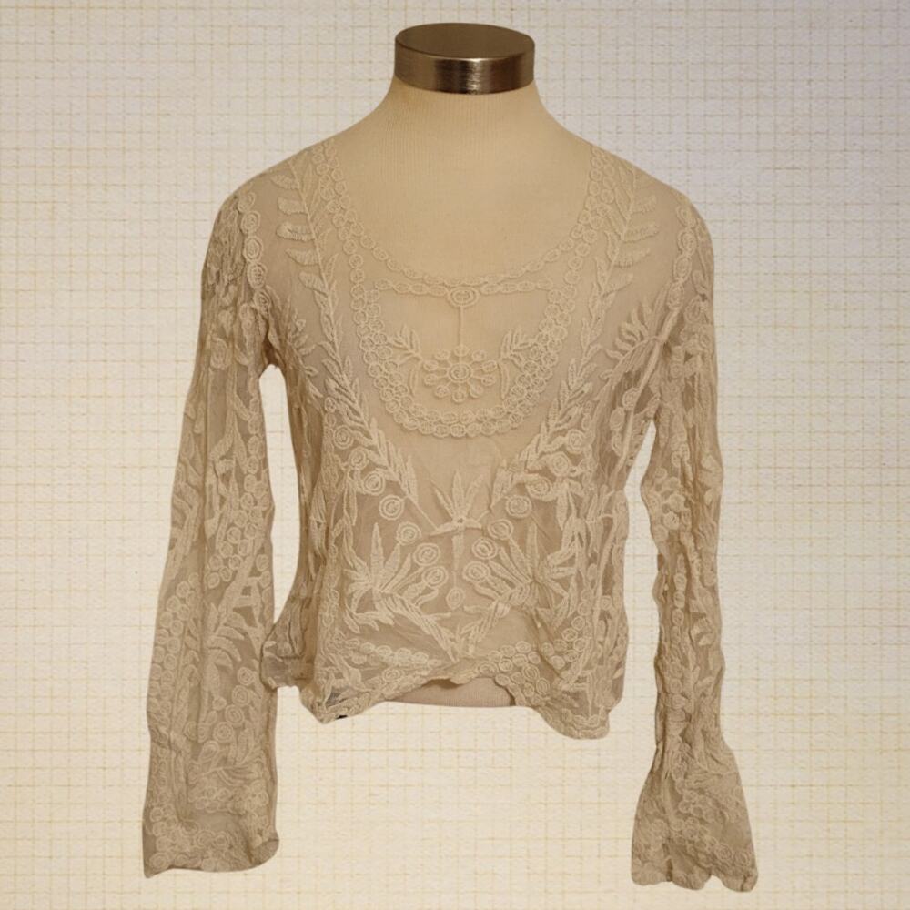 Whimsy Goth Mesh Lace Embroidered Floral Crop Top Long Sleeve Medium Dulcie Off